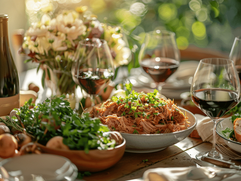 Pulled pork accompagné d'un verre de vin rouge élégant