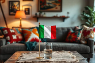 Drapeau italien intégré dans une décoration intérieure colorée et conviviale