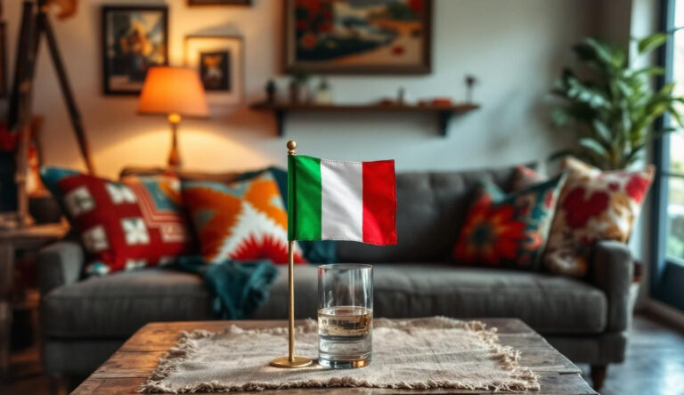 Drapeau italien intégré dans une décoration intérieure colorée et conviviale