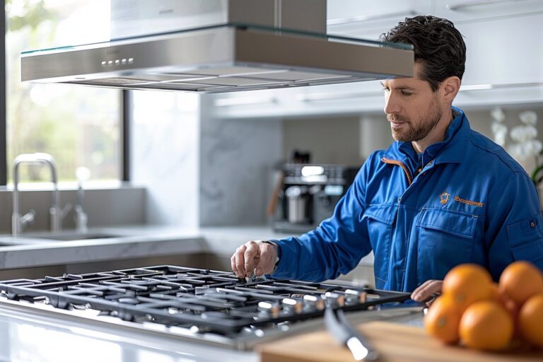 Professionnel installant une hotte aspirante dans une cuisine moderne