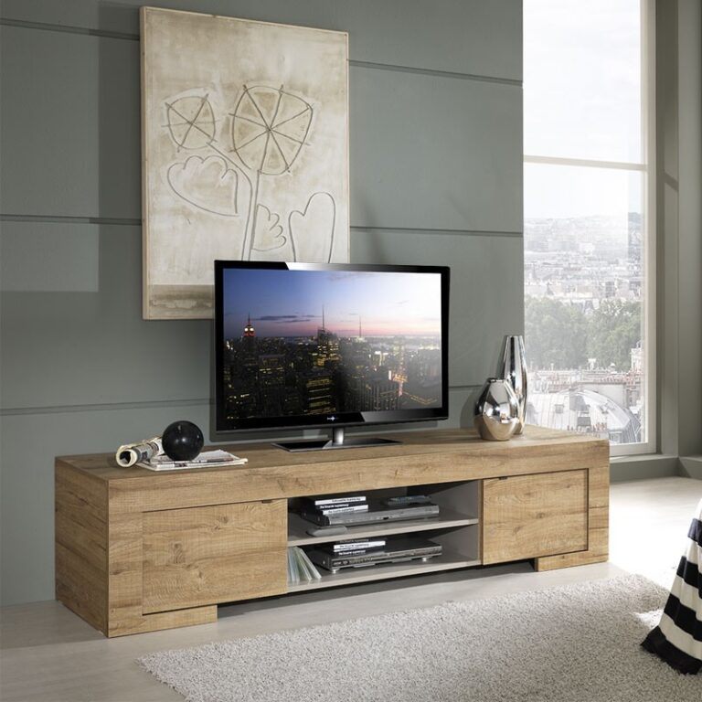 Meuble TV moderne avec rangements intégrés dans un salon élégant