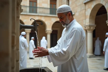 Homme musulman effectuant ses ablutions dans la cour d'une mosquée parisienne avant la prière