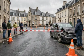 Scène d'accident de la route à Lorient avec rubalise et cônes de signalisation sur chaussée mouillée