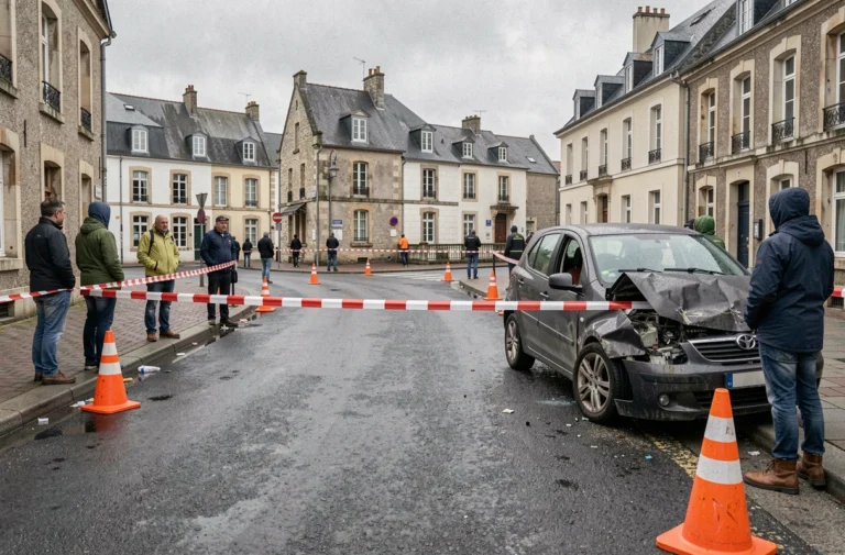 Scène d'accident de la route à Lorient avec rubalise et cônes de signalisation sur chaussée mouillée