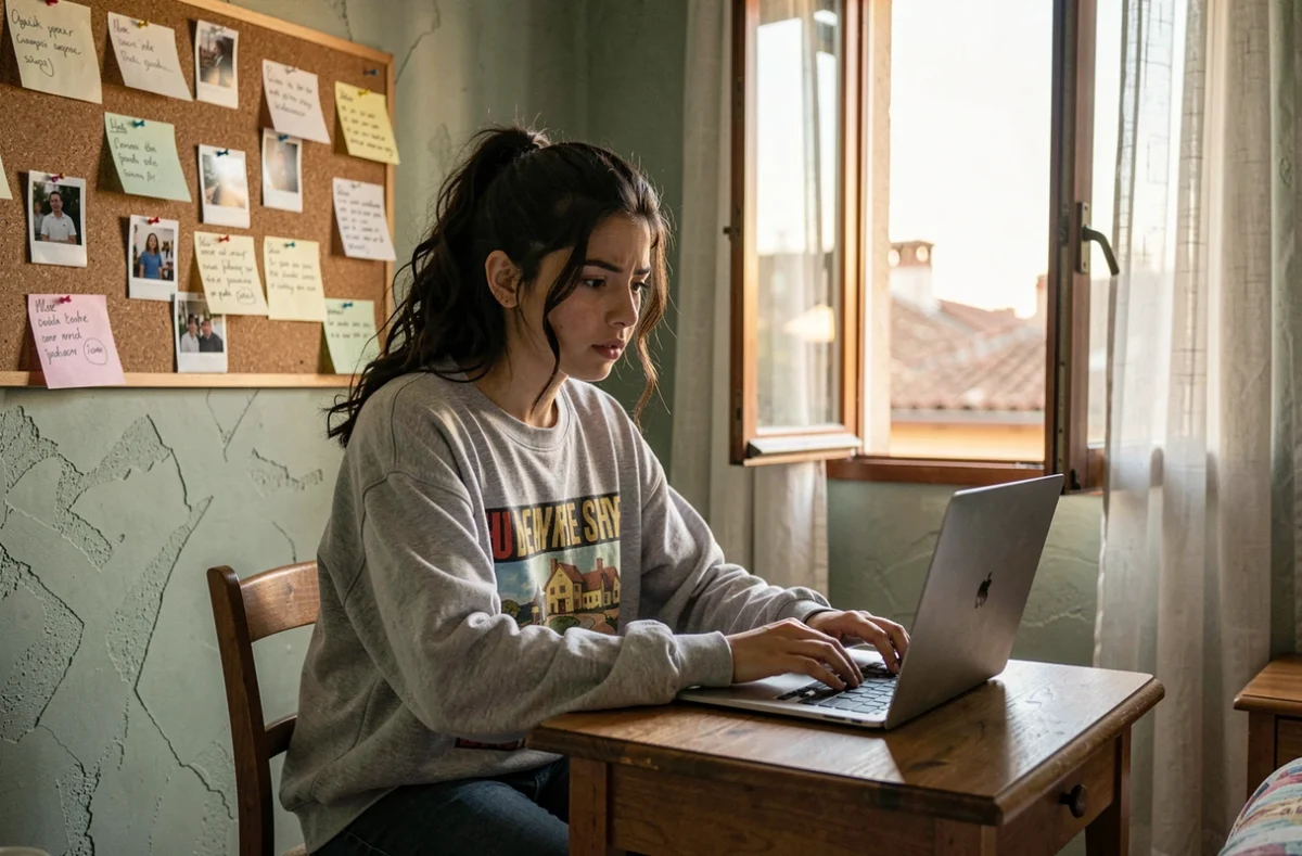Adolescente espagnole absorbée devant son ordinateur portable dans sa chambre, regardant une série télévisée avec une expression émotive et concentrée