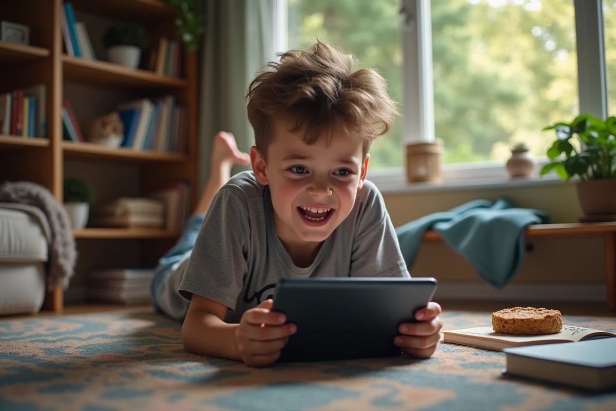 Adolescent jouant à un jeu sur tablette dans le salon