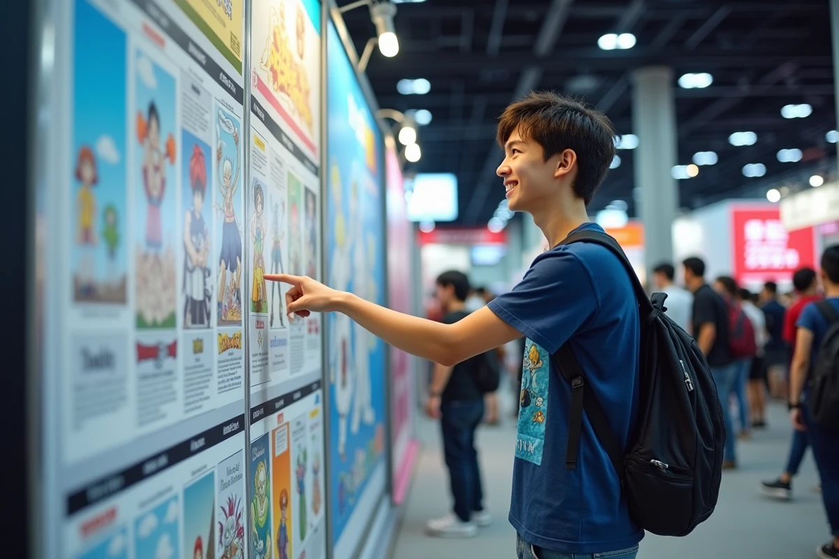 Adolescent découvrant la chronologie de Dragon Ball Z sur un poster lors d'un salon de culture japonaise