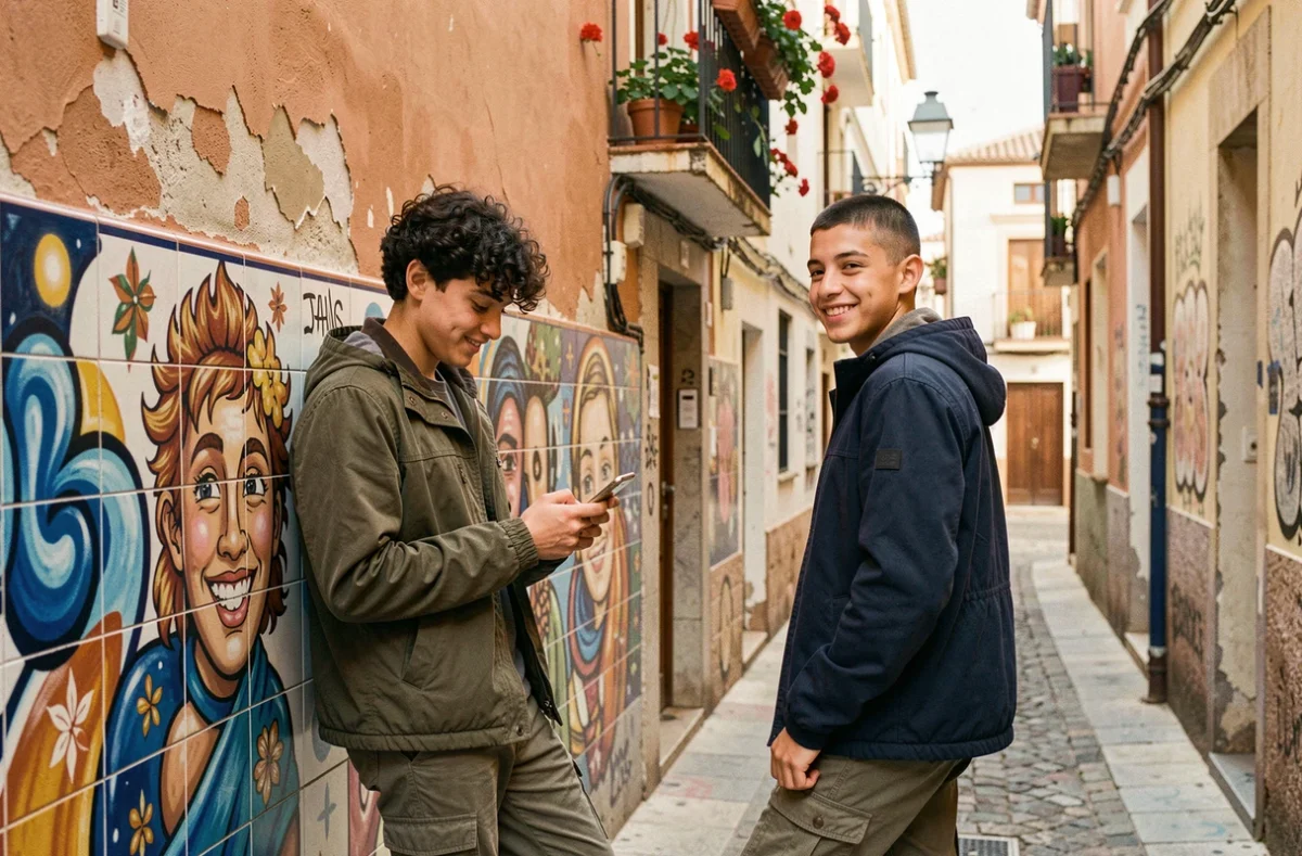 Deux adolescents espagnols dans une ruelle urbaine colorée, consultant un smartphone devant une fresque murale, ambiance authentique de quartier espagnol