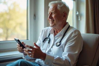 Adulte avec diabete de type 1 souriant près d'une fenêtre lumineuse