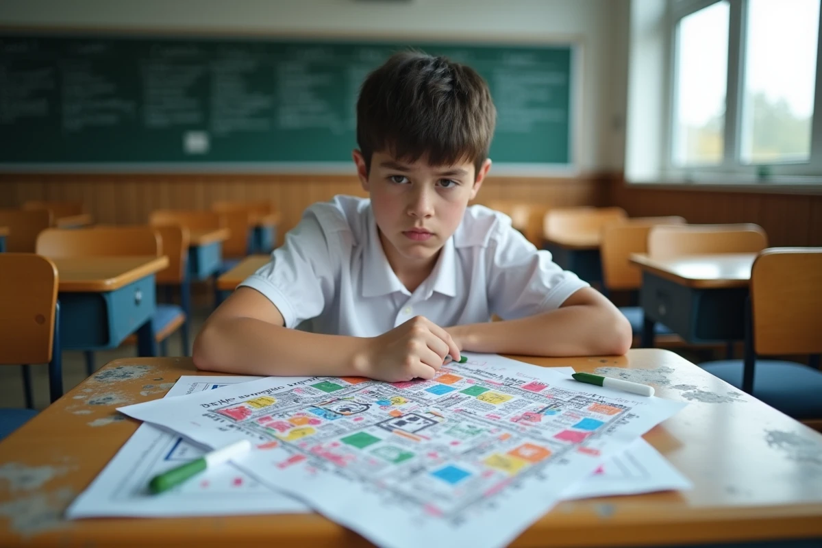 Un élève regardant d'un air sceptique une affiche de campagne délégué de classe surchargée posée sur un bureau de salle de classe