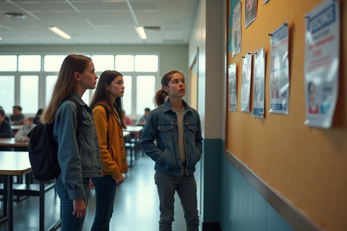 Groupe d'élèves réagissant avec indifférence à des affiches de délégué de classe mal réalisées accrochées dans la cafétéria d'un collège