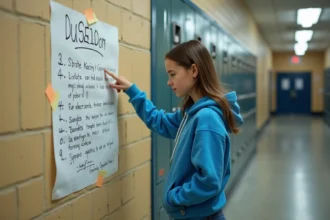 Une adolescente pointant une affiche élection délégué de classe mal conçue collée sur un mur de couloir scolaire