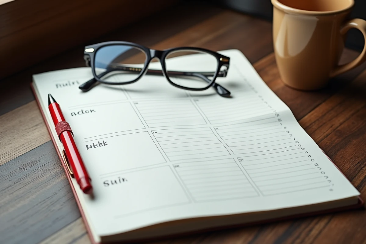 Agenda ouvert montrant les numéros de semaines ISO d'une année avec un stylo rouge et des lunettes posés sur une table en chêne
