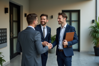 Agent immobilier accueillant un couple devant un immeuble moderne