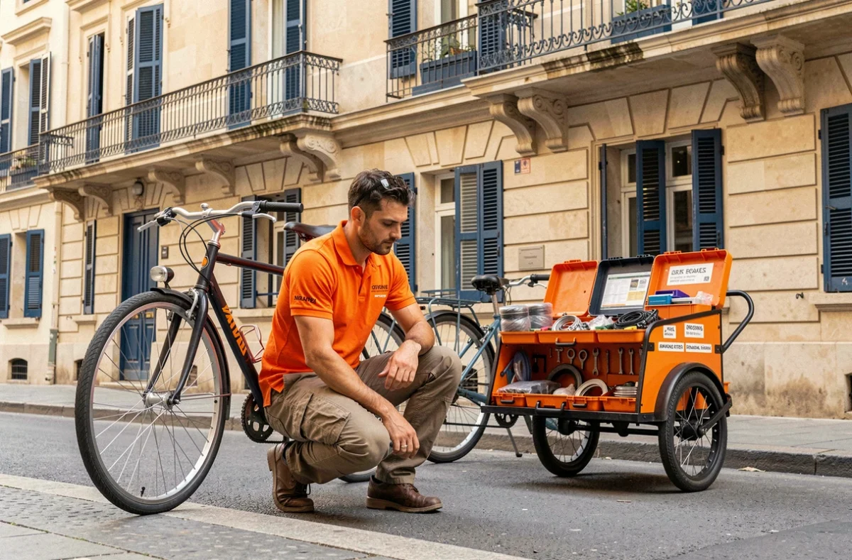 Mécanicien mobile du service Allo Mécano Vélo réparant un vélo sur le trottoir d'une rue typique de Marseille avec son cargo bike outillé