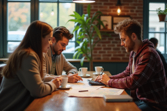 Trois amis discutant de dépenses dans un café lumineux
