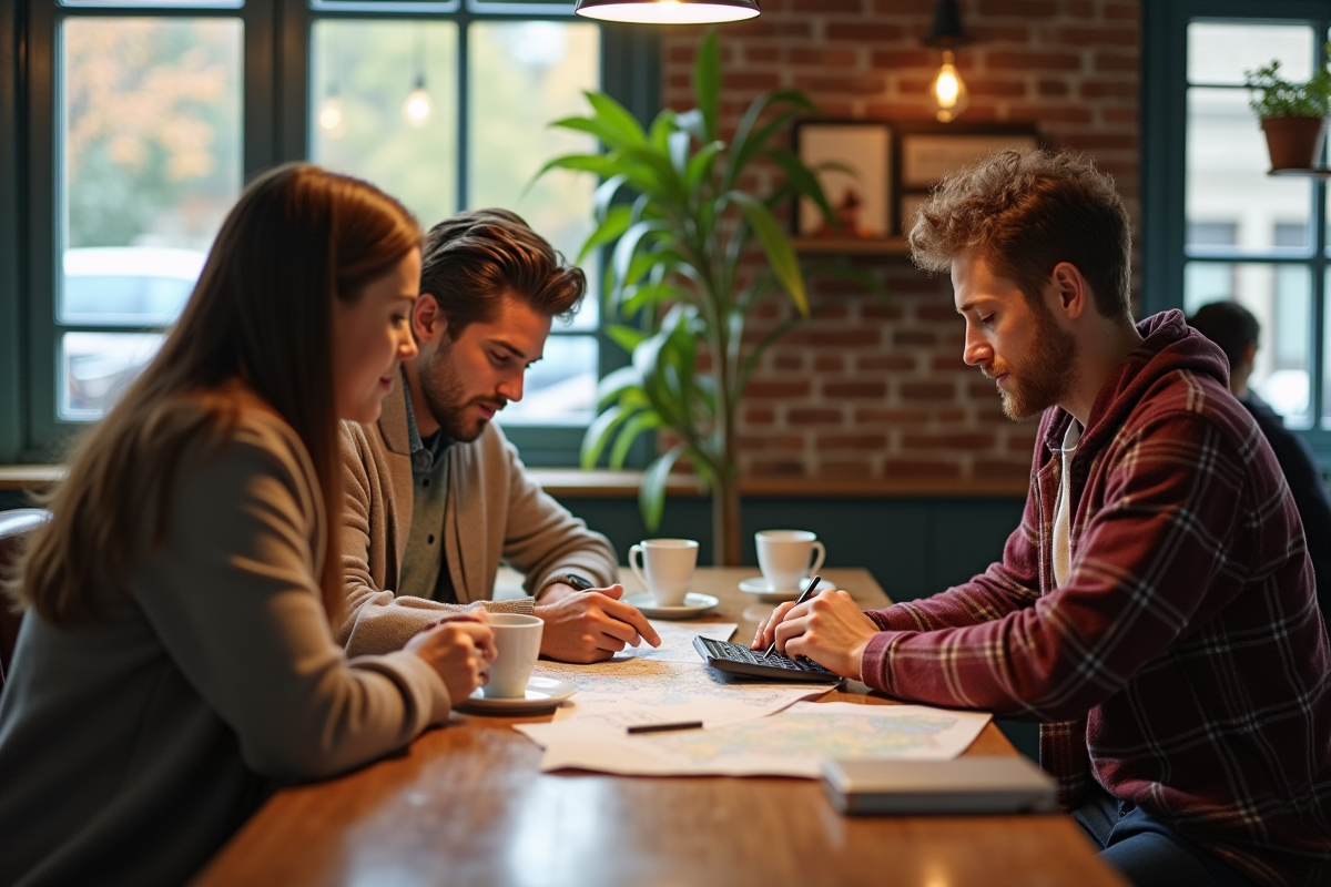 Trois amis discutant de dépenses dans un café lumineux