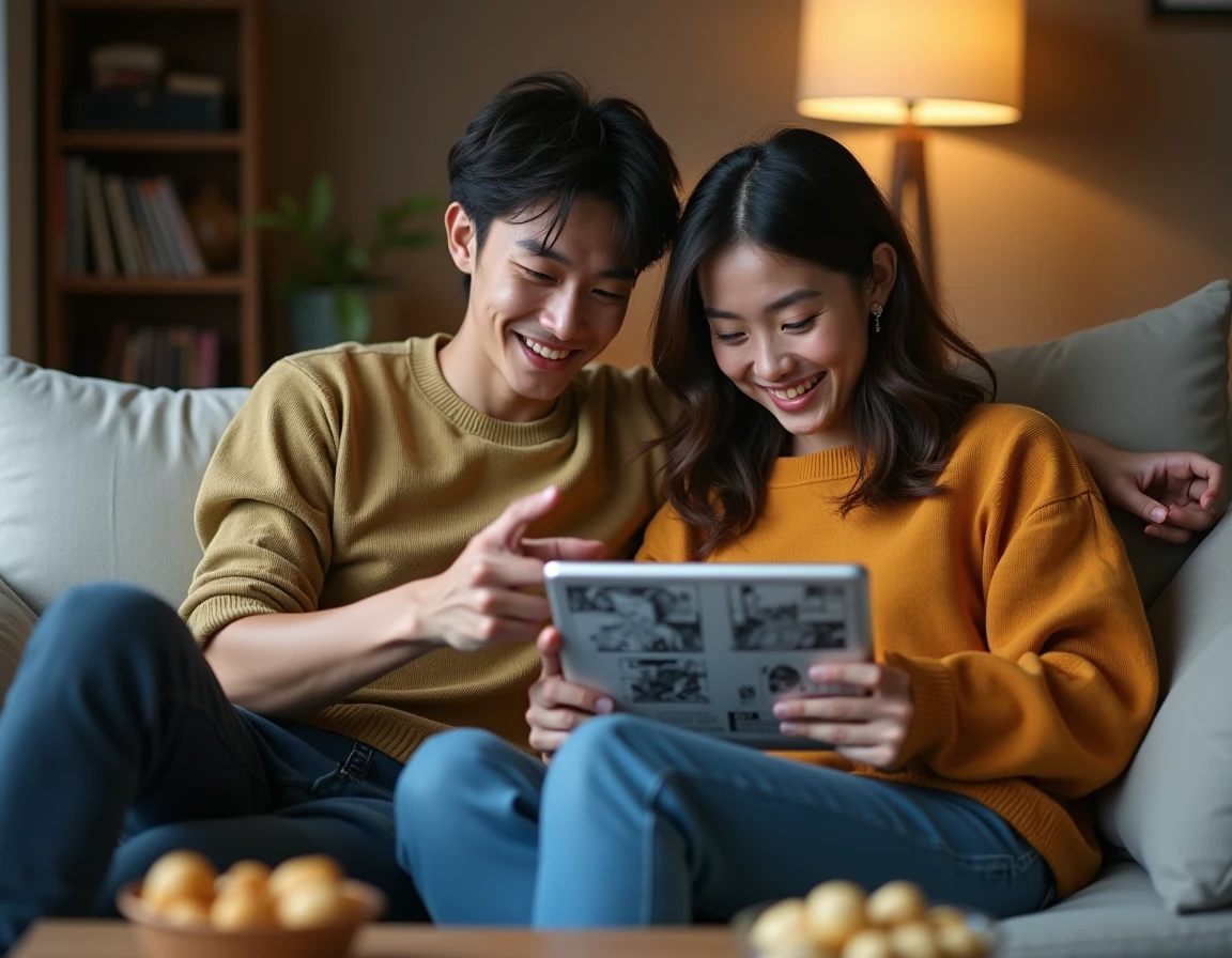 Deux amis lisant ensemble le scan One Piece en français sur une tablette dans un salon