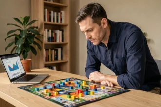 Homme analysant un plateau de jeu de société stratégique sur un bureau moderne en 2026