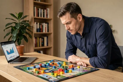 Homme analysant un plateau de jeu de société stratégique sur un bureau moderne en 2026