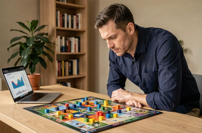 Homme analysant un plateau de jeu de société stratégique sur un bureau moderne en 2026