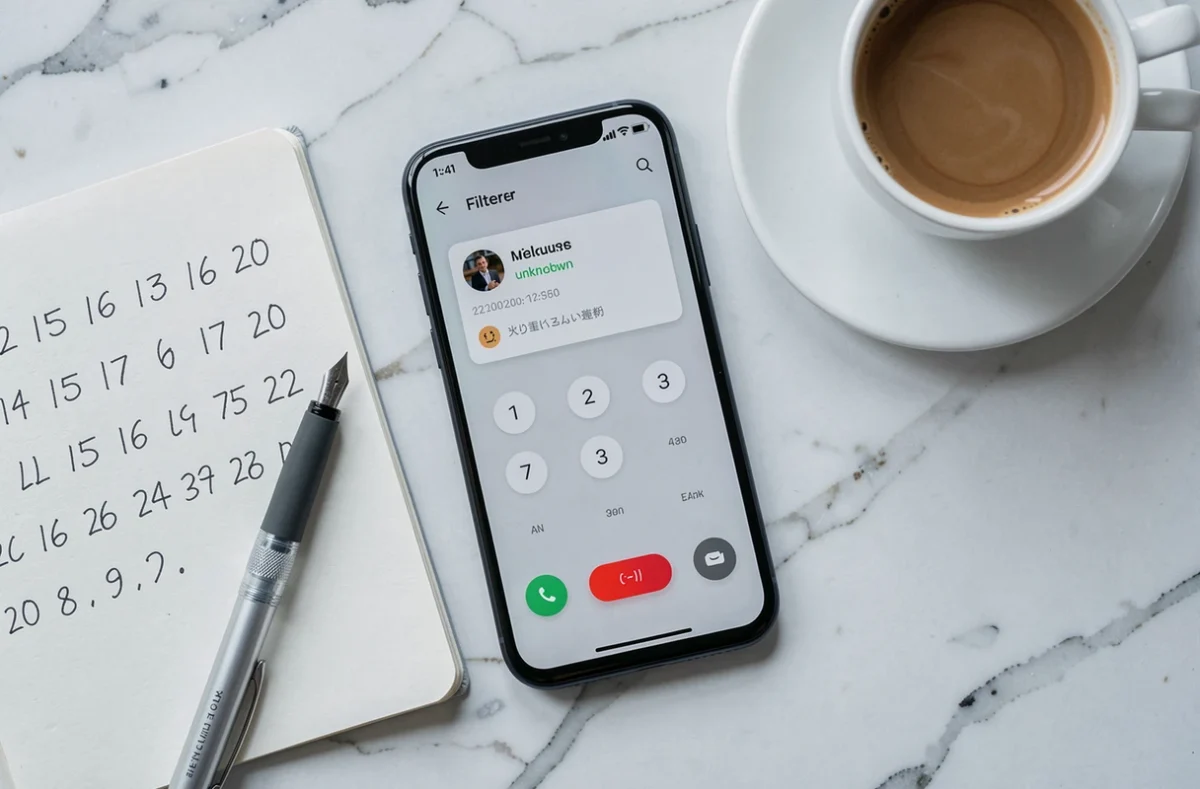 Vue aérienne d'un smartphone affichant une application de filtrage d'appels avec un numéro suspect identifié