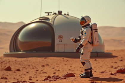 Astronaute en combinaison martienne devant habitat rouge
