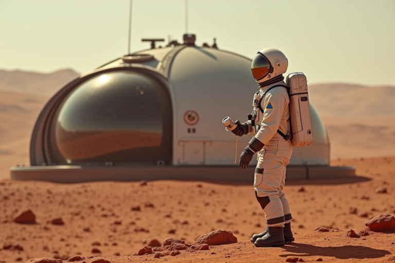 Astronaute en combinaison martienne devant habitat rouge