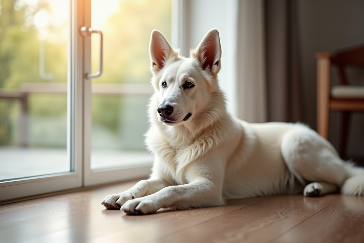 Chien berger blanc allonge sur le sol en interieur