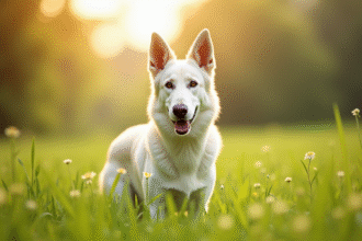 Chien berger blanc dans une prairie ensoleillee
