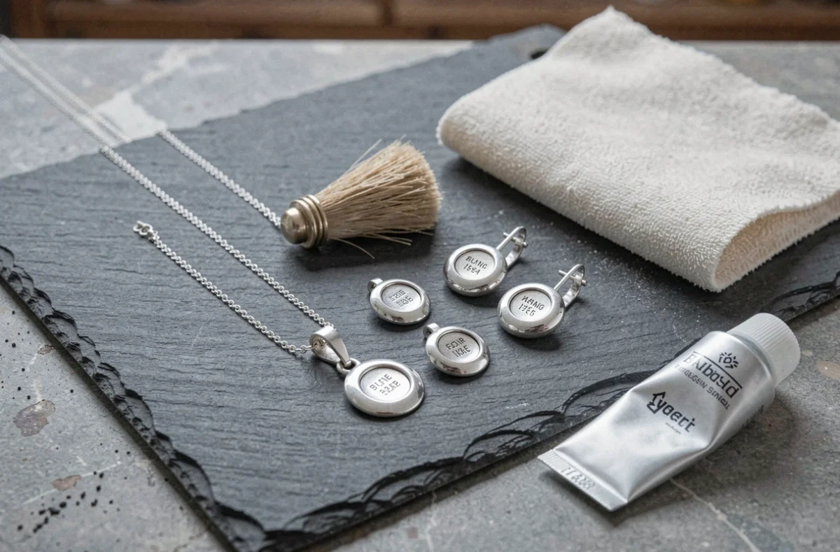 Bijoux en argent poinçonnés disposés sur ardoise avec brosse, crème polish et chamoisine pour un nettoyage délicat