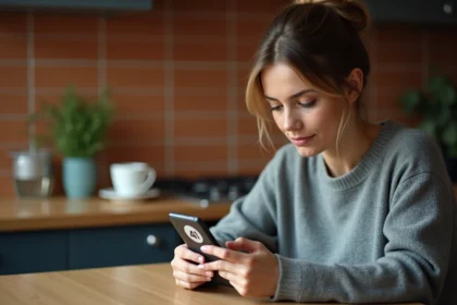 Femme bloquant un appel indésirable avec l'indicatif 41 sur son smartphone dans une cuisine