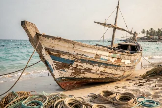 Boutre en bois ancré sur la côte de l'océan Indien, illustrant les routes maritimes entre l'Afrique continentale et Mayotte