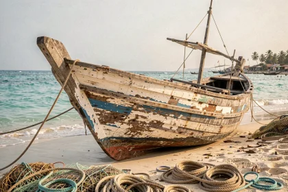 Boutre en bois ancré sur la côte de l'océan Indien, illustrant les routes maritimes entre l'Afrique continentale et Mayotte