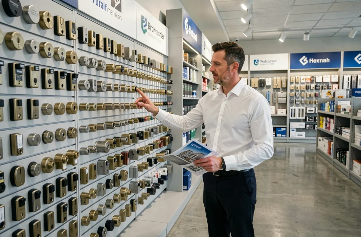 Commercial de Brault et Novalu présentant des serrures haut de gamme en magasin