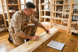 Homme bricoleur mesurant une planche en bois avec un mètre ruban et une fiche de conversion pouces centimètres dans un salon en rénovation