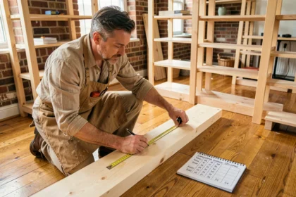 Homme bricoleur mesurant une planche en bois avec un mètre ruban et une fiche de conversion pouces centimètres dans un salon en rénovation