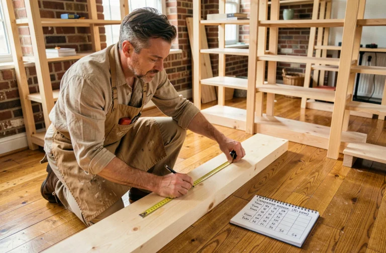 Homme bricoleur mesurant une planche en bois avec un mètre ruban et une fiche de conversion pouces centimètres dans un salon en rénovation