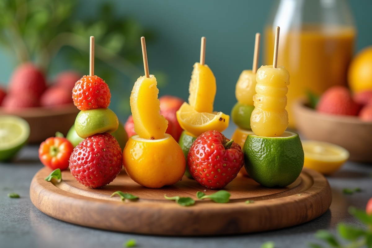 Brochettes de fruits tropicaux avec lychees et limes sur planche en bois