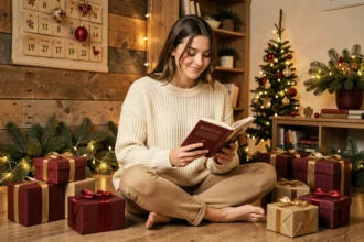 Jeune femme tenant un roman de la collection Hugo New Romance entourée de cases d'un calendrier de l'Avent livres