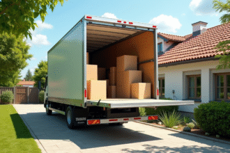 Camion de déménagement de 20m3 devant une maison de banlieue avec meubles et cartons
