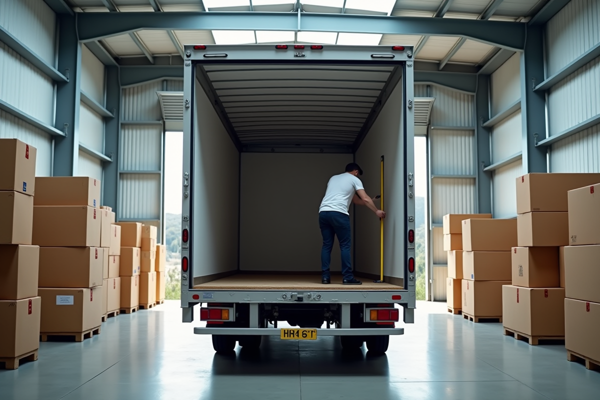 Personne mesurant l’intérieur d’un camion dans un entrepôt moderne avec cartons