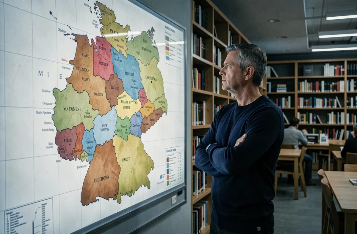 Homme observant une carte murale des seize Länder allemands dans une bibliothèque contemporaine