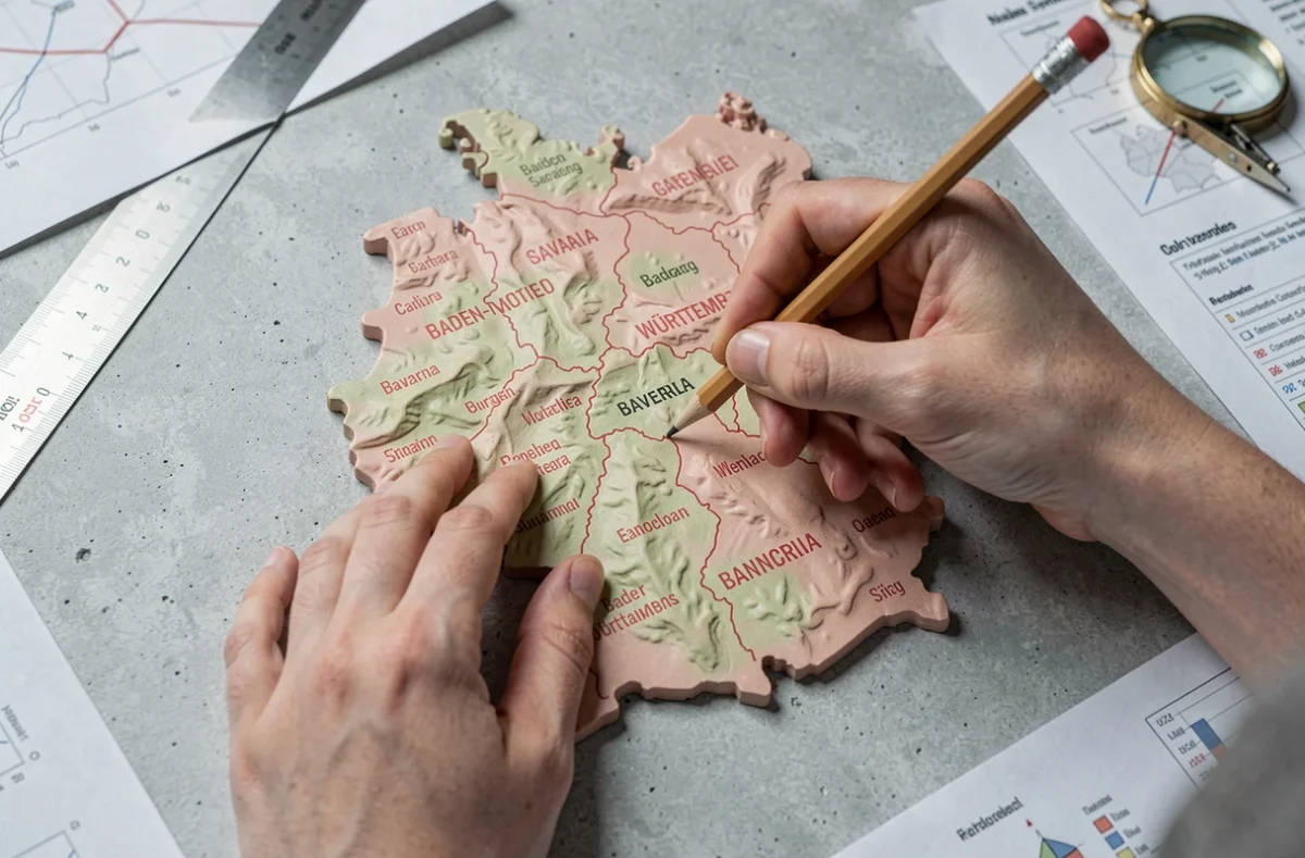 Gros plan de mains traçant les frontières des Länder sur une carte topographique de l'Allemagne
