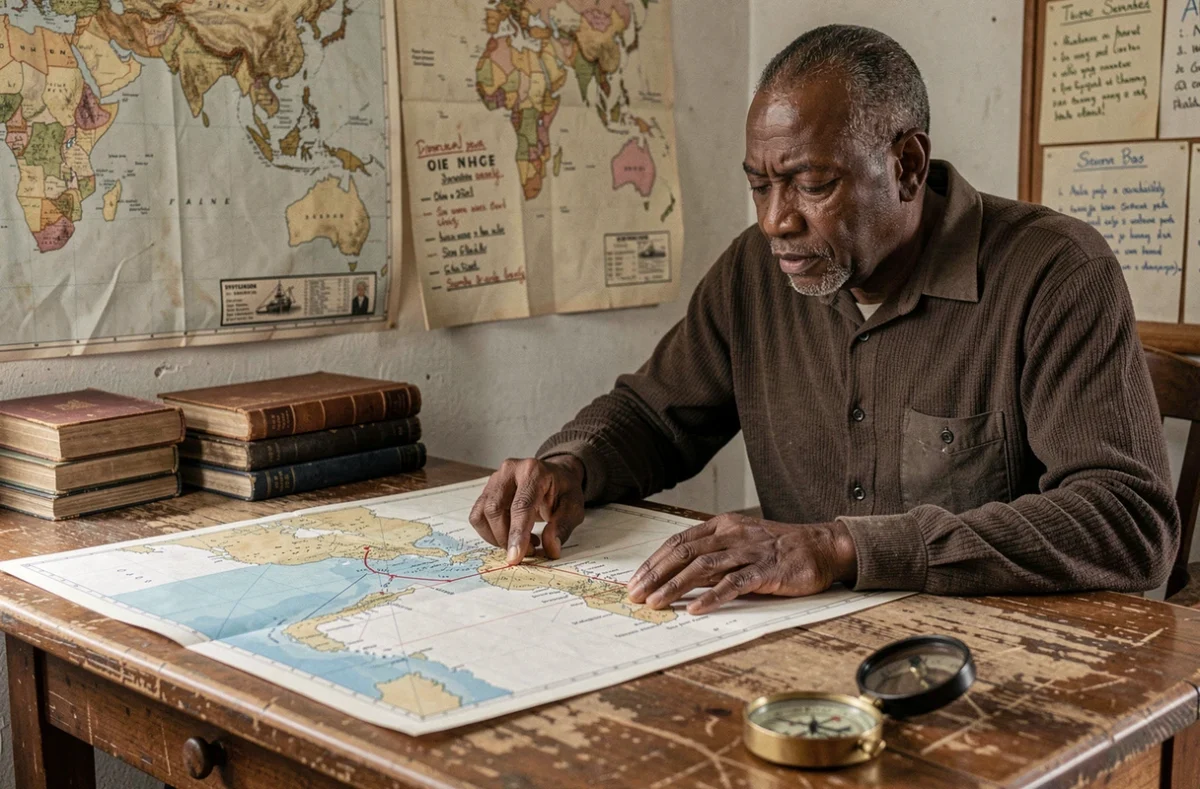 Homme étudiant une carte nautique des routes maritimes entre l'Afrique et Mayotte dans un bureau portuaire