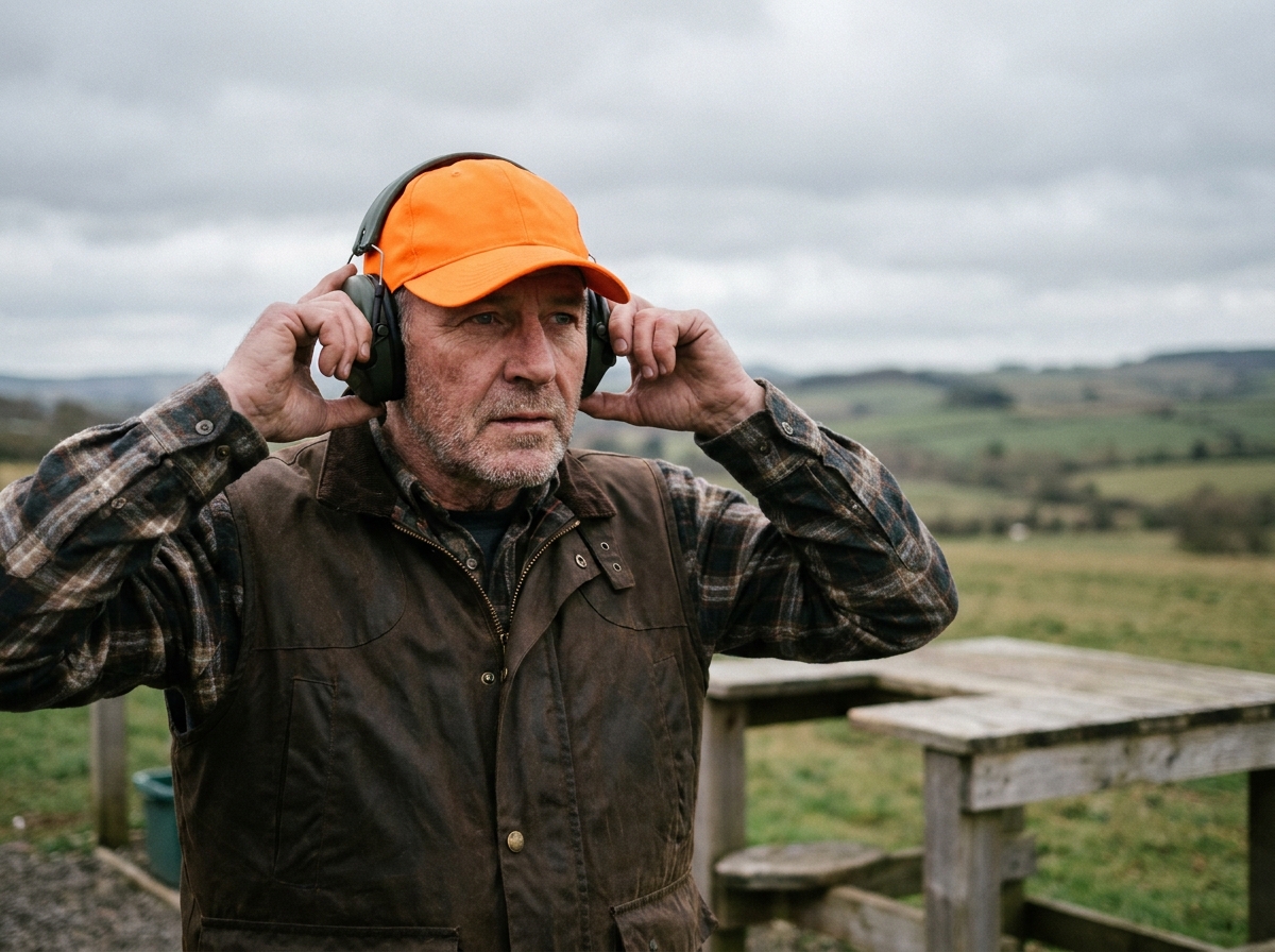 Chasseur portant un casque anti-bruit électronique sur un stand de tir aux pigeons d'argile