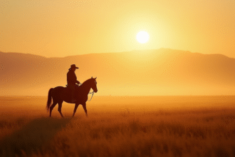 Cavalier seul traversant la steppe mongole au lever du soleil
