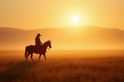 Cavalier seul traversant la steppe mongole au lever du soleil