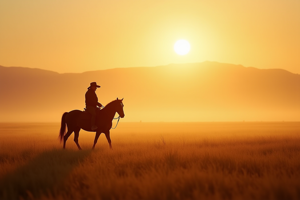 Cavalier seul traversant la steppe mongole au lever du soleil