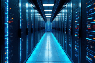 Intérieur d'un centre de données moderne avec racks de serveurs lumineux